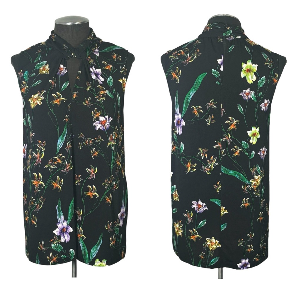 H&M Black Floral Sleeveless Tie-Neck Blouse